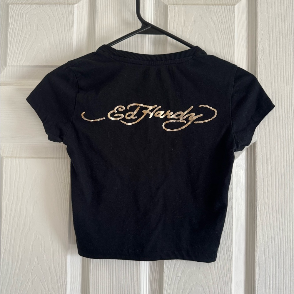 Ed Hardy Baby Doll Tee WOMENS Crop top Size Small Retro Gothic Cross Y2K - Picture 2 of 7
